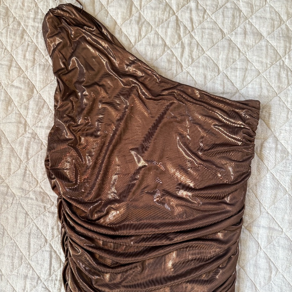 One Shoulder Brown & Gold Midi Dress